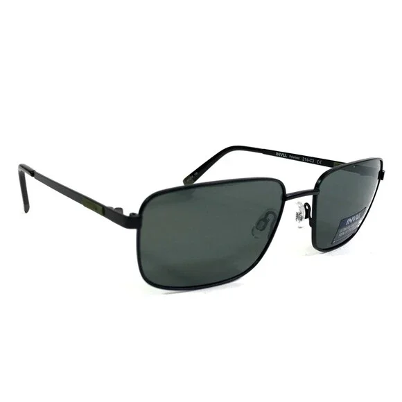 INVU. Sunglasses 314-C3 Shiny Black Rectangle Frames with Green Polarized Lenses
